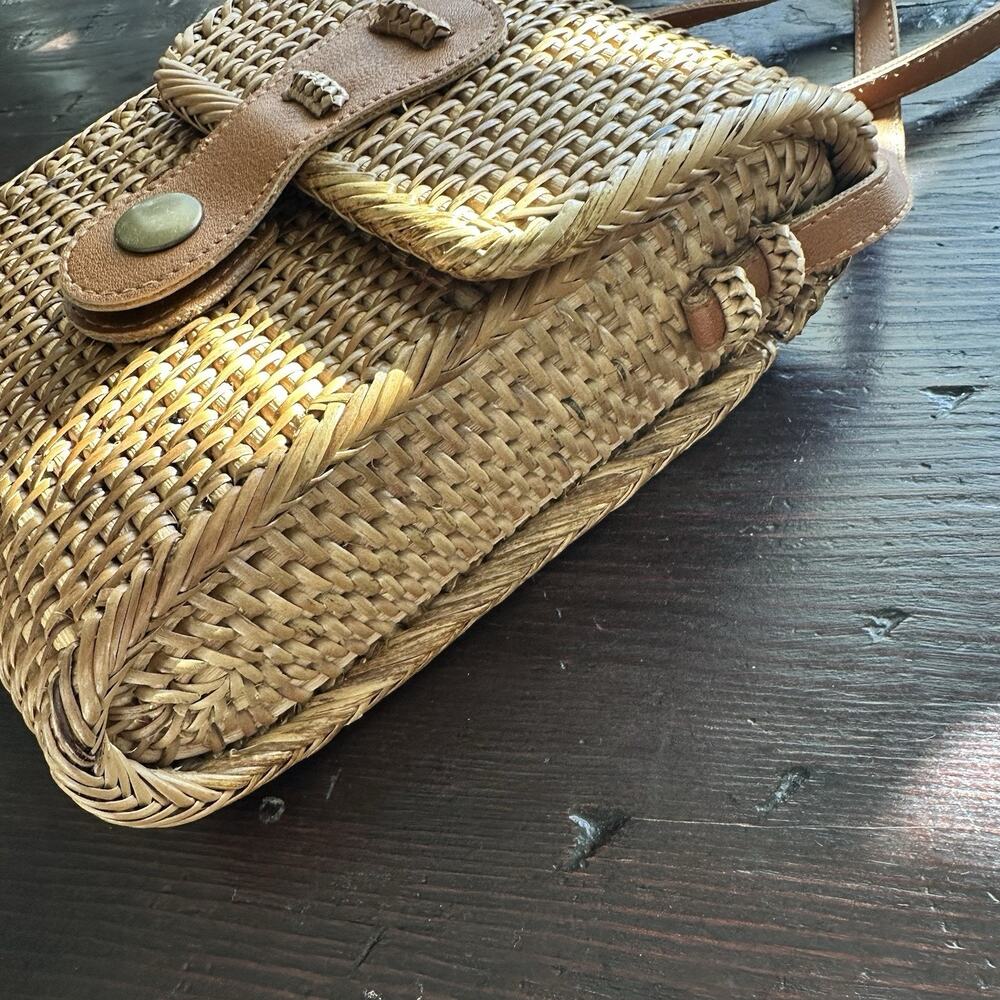 Rattan Crossbody Handbag S Brown Snap Flap Rectangle Lined Faux Leather Strap - Picture 10 of 16